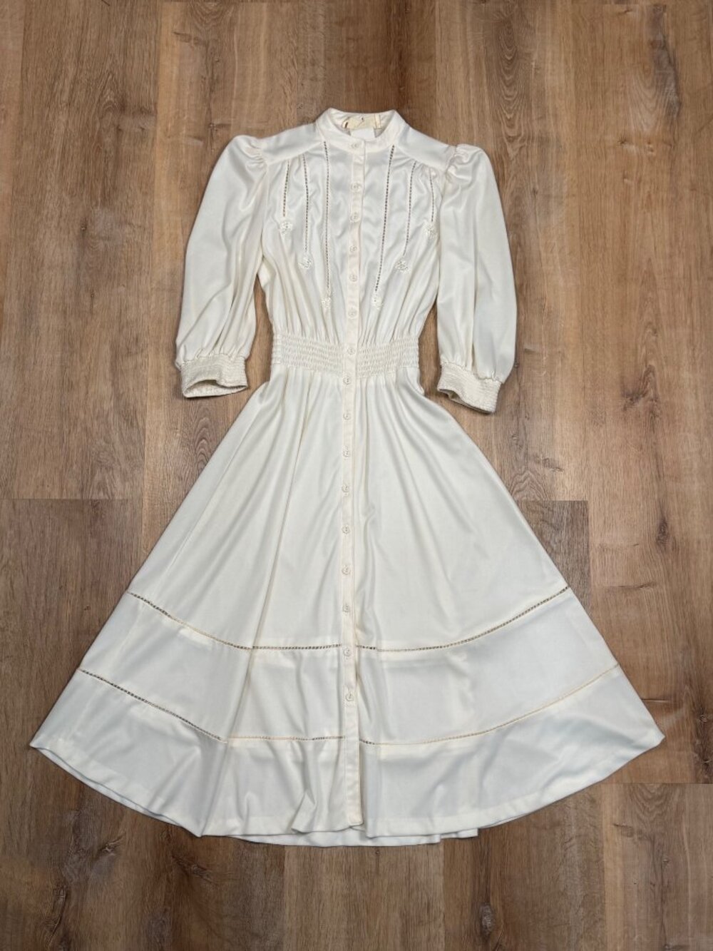 Vintage 70s Attitude California Prairie Maxi Dress Size 5 Ivory Puff Sleeve Boho